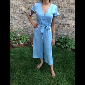 Size small Capri length baby blue jumpsuit tie